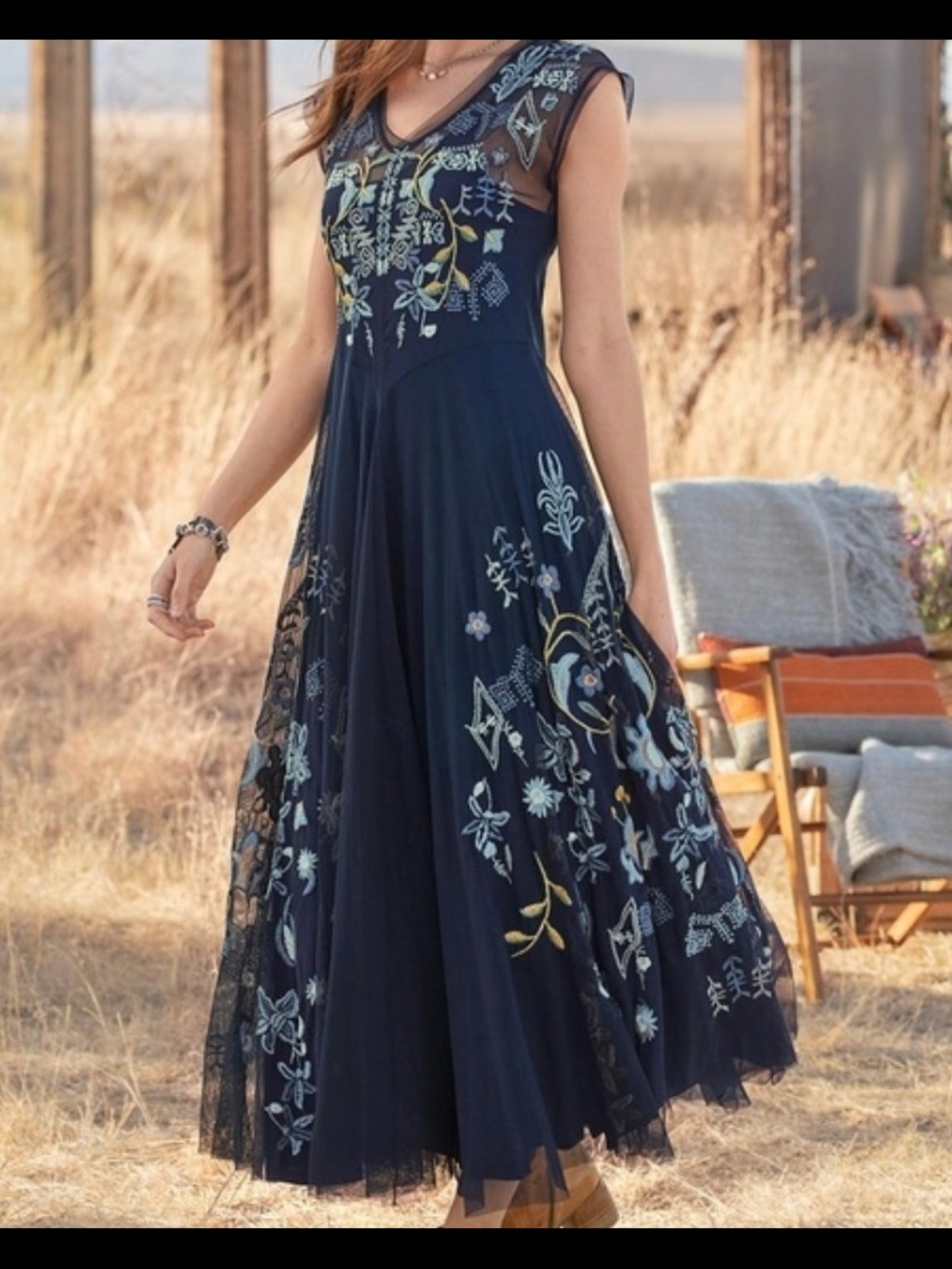 Johnny Was Navy Maxi Dress with Light Blue & Pale Yellow Embroidery Size Small
